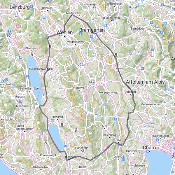 Map miniature of "Hochdorf to Baldeggersee and Bremgarten Road Route" cycling inspiration in Zentralschweiz, Switzerland. Generated by Tarmacs.app cycling route planner