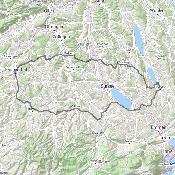 Karttaminiaatyyri "Langenthalin kierros" pyöräilyinspiraatiosta alueella Zentralschweiz, Switzerland. Luotu Tarmacs.app pyöräilyreittisuunnittelijalla