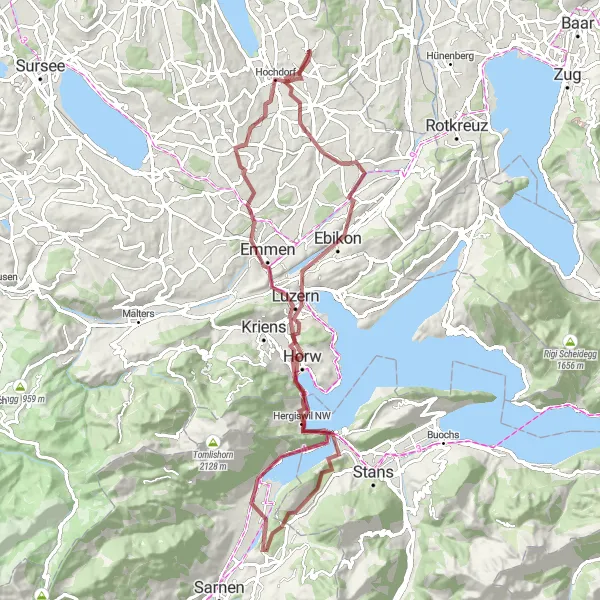 Miniatura della mappa di ispirazione al ciclismo "Giro in bicicletta di Hohenrain - Inwil - Gletschergarten-Turm - Horw - Rotzberg - Alpnach - Männliturm - Rothenburg - Hochdorf" nella regione di Zentralschweiz, Switzerland. Generata da Tarmacs.app, pianificatore di rotte ciclistiche