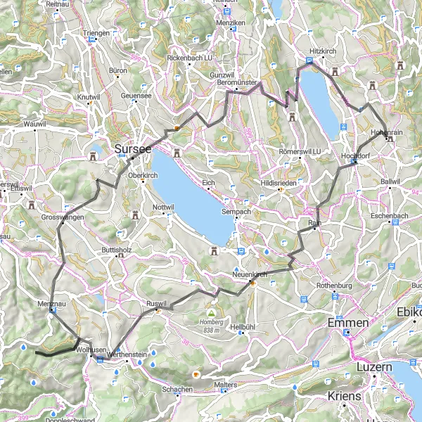 Map miniature of "Beobachtungshütte to Hitzkirch" cycling inspiration in Zentralschweiz, Switzerland. Generated by Tarmacs.app cycling route planner