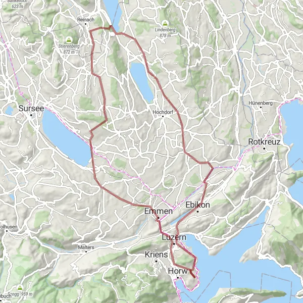 Karttaminiaatyyri "Horw to Inwil Gravel Adventure" pyöräilyinspiraatiosta alueella Zentralschweiz, Switzerland. Luotu Tarmacs.app pyöräilyreittisuunnittelijalla