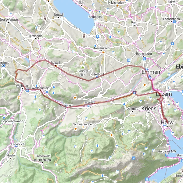 Map miniature of "Exploring Lucerne's Hinterland by Gravel Bike" cycling inspiration in Zentralschweiz, Switzerland. Generated by Tarmacs.app cycling route planner