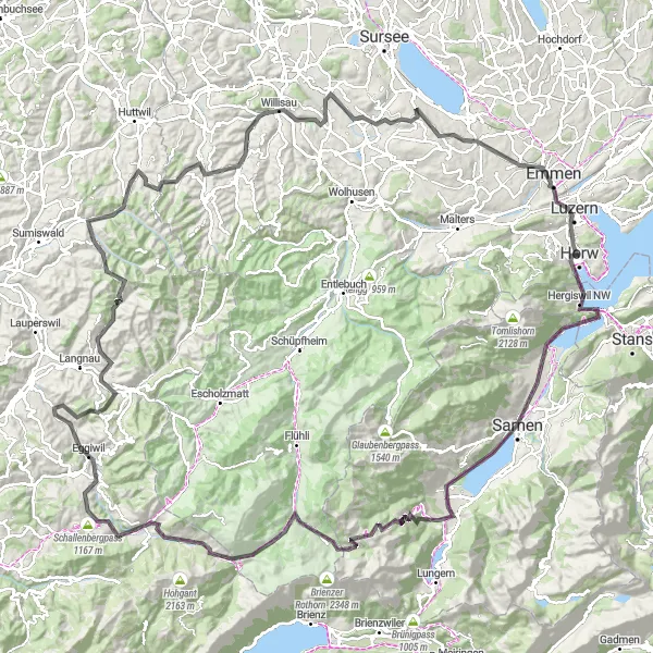 Zemljevid v pomanjšavi "Divja vožnja na švicarskih podeželjih" kolesarske inspiracije v Zentralschweiz, Switzerland. Generirano z načrtovalcem kolesarskih poti Tarmacs.app