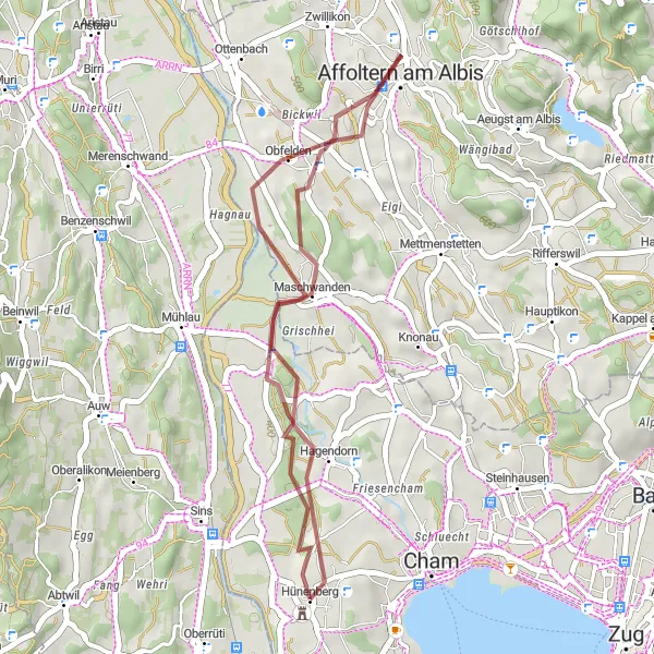 Miniatura della mappa di ispirazione al ciclismo "Giro panoramico in bicicletta gravel da Hünenberg a Sankt Wolfgang" nella regione di Zentralschweiz, Switzerland. Generata da Tarmacs.app, pianificatore di rotte ciclistiche