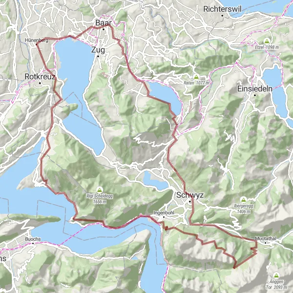 Miniatua del mapa de inspiración ciclista "Ruta de bicicleta de grava de Hünenberg a Buonas y viceversa" en Zentralschweiz, Switzerland. Generado por Tarmacs.app planificador de rutas ciclistas