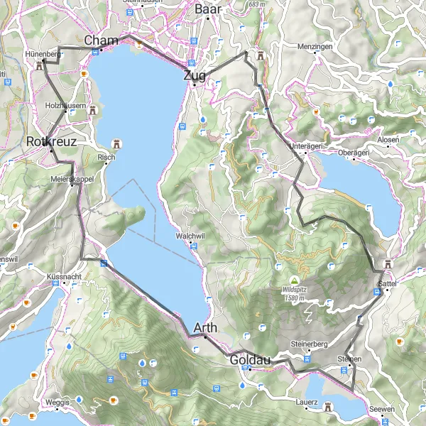 Miniatua del mapa de inspiración ciclista "Ruta en carretera de Hünenberg a Hünenberg por Chappelerberg" en Zentralschweiz, Switzerland. Generado por Tarmacs.app planificador de rutas ciclistas