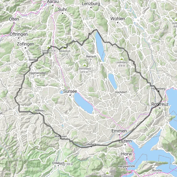 Miniatua del mapa de inspiración ciclista "Recorrido en carretera de Hünenberg a Burg Hünenberg" en Zentralschweiz, Switzerland. Generado por Tarmacs.app planificador de rutas ciclistas