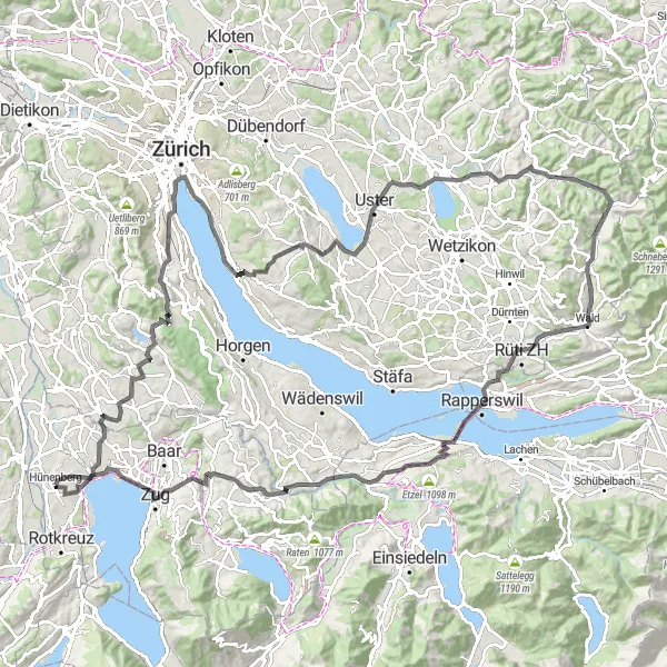 Kartminiatyr av "Runt Hünenberg och Pfäffikersee" cykelinspiration i Zentralschweiz, Switzerland. Genererad av Tarmacs.app cykelruttplanerare