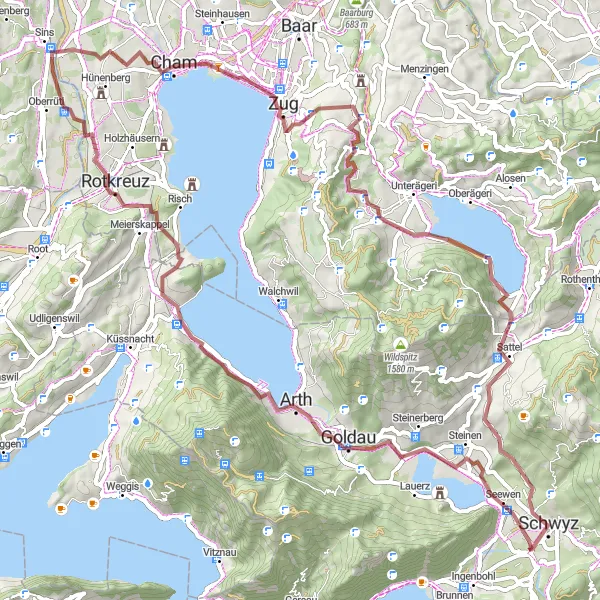 Miniatua del mapa de inspiración ciclista "Ruta Gravel a Zug y Schwyz" en Zentralschweiz, Switzerland. Generado por Tarmacs.app planificador de rutas ciclistas