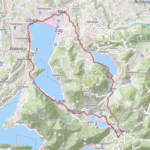 Map miniature of "Ägerisee and Sattel Gravel Loop" cycling inspiration in Zentralschweiz, Switzerland. Generated by Tarmacs.app cycling route planner