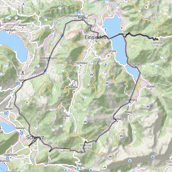 Miniaturní mapa "Cyklotrasa Rothenthurm - Ibergeregg" inspirace pro cyklisty v oblasti Zentralschweiz, Switzerland. Vytvořeno pomocí plánovače tras Tarmacs.app