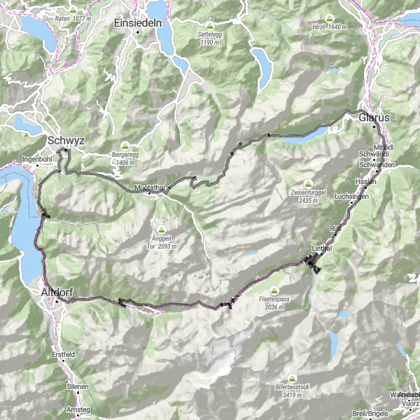 Miniatura mapy "Wyzwanie drogowe przez Klausenpass" - trasy rowerowej w Zentralschweiz, Switzerland. Wygenerowane przez planer tras rowerowych Tarmacs.app