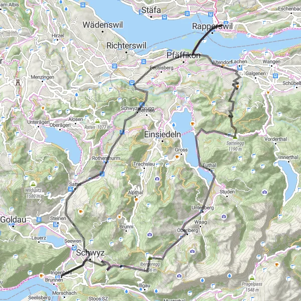 Kartminiatyr av "Veitrase til Schwyz med panoramautsikt" sykkelinspirasjon i Zentralschweiz, Switzerland. Generert av Tarmacs.app sykkelrutoplanlegger