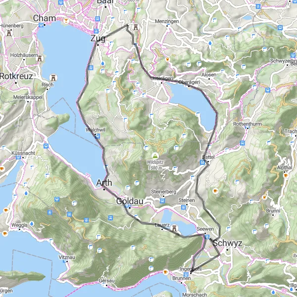 Kartminiatyr av "Zug to Mythenblick Loop" sykkelinspirasjon i Zentralschweiz, Switzerland. Generert av Tarmacs.app sykkelrutoplanlegger