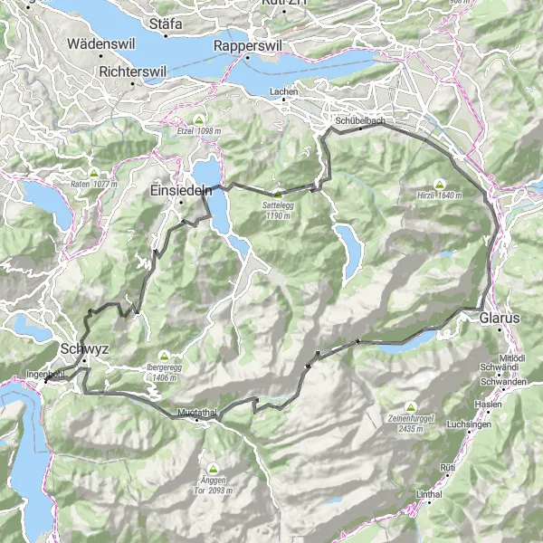 Kartminiatyr av "Vägcykling Schwyz till Mythenblick" cykelinspiration i Zentralschweiz, Switzerland. Genererad av Tarmacs.app cykelruttplanerare