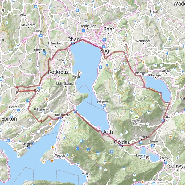Miniatura della mappa di ispirazione al ciclismo "Esplorazione dei sentieri di ghiaia" nella regione di Zentralschweiz, Switzerland. Generata da Tarmacs.app, pianificatore di rotte ciclistiche