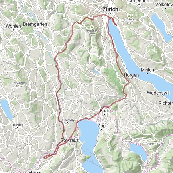 Map miniature of "Sins to Honau Gravel Adventure" cycling inspiration in Zentralschweiz, Switzerland. Generated by Tarmacs.app cycling route planner