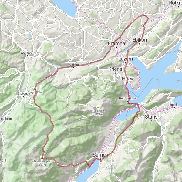 Karttaminiaatyyri "Gletschergarten-Turm - Inwil Gravel Adventure" pyöräilyinspiraatiosta alueella Zentralschweiz, Switzerland. Luotu Tarmacs.app pyöräilyreittisuunnittelijalla