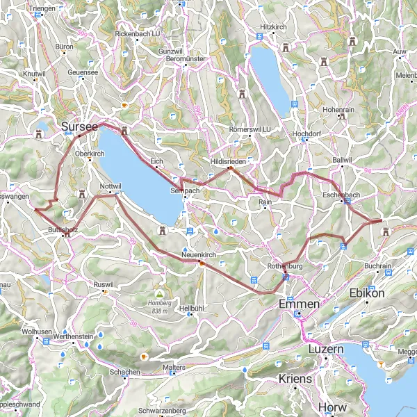 Miniaturní mapa "Gravel Trail around Lake Sempach" inspirace pro cyklisty v oblasti Zentralschweiz, Switzerland. Vytvořeno pomocí plánovače tras Tarmacs.app