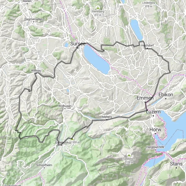 Miniatua del mapa de inspiración ciclista "Ruta de ciclismo de carretera a Hergiswil y Sursee" en Zentralschweiz, Switzerland. Generado por Tarmacs.app planificador de rutas ciclistas