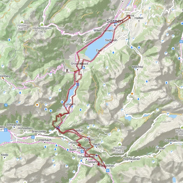 Zemljevid v pomanjšavi "Pot okoli Kerns (gravel)" kolesarske inspiracije v Zentralschweiz, Switzerland. Generirano z načrtovalcem kolesarskih poti Tarmacs.app