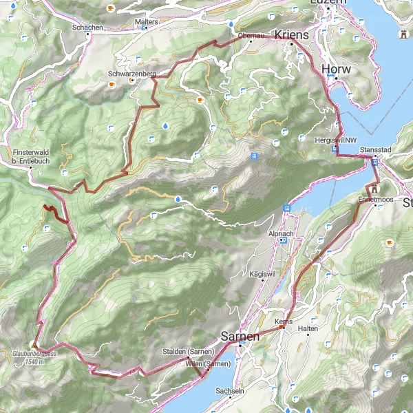 Miniatua del mapa de inspiración ciclista "Ruta de ciclismo de gravilla hacia Kerns" en Zentralschweiz, Switzerland. Generado por Tarmacs.app planificador de rutas ciclistas