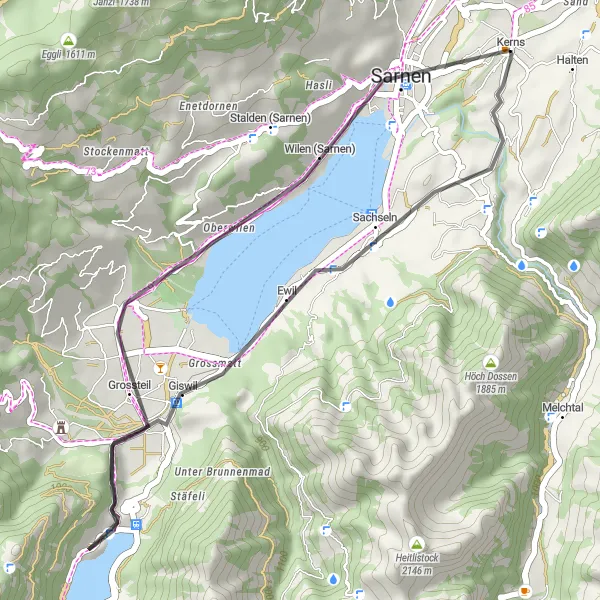 Miniatura della mappa di ispirazione al ciclismo "Ciclabile panoramica intorno al Lago di Sarnen" nella regione di Zentralschweiz, Switzerland. Generata da Tarmacs.app, pianificatore di rotte ciclistiche