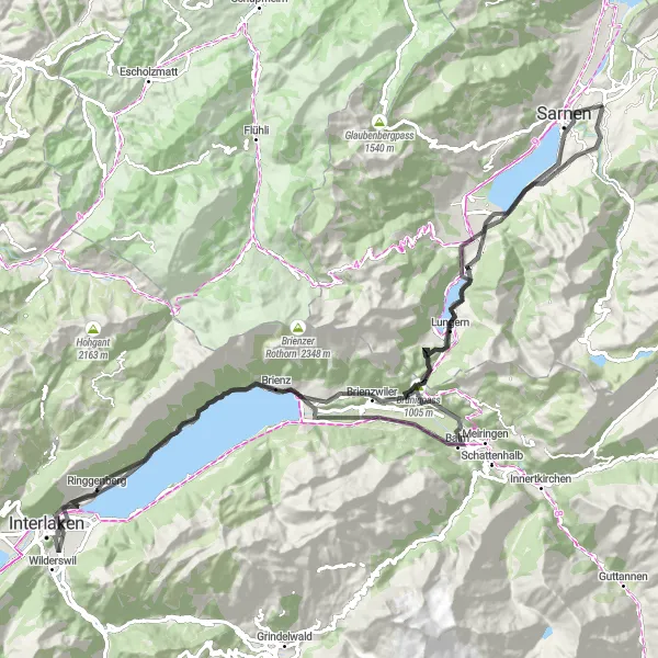 Miniatura della mappa di ispirazione al ciclismo "Esplorazione in bicicletta tra Sachseln e Wilderswil" nella regione di Zentralschweiz, Switzerland. Generata da Tarmacs.app, pianificatore di rotte ciclistiche