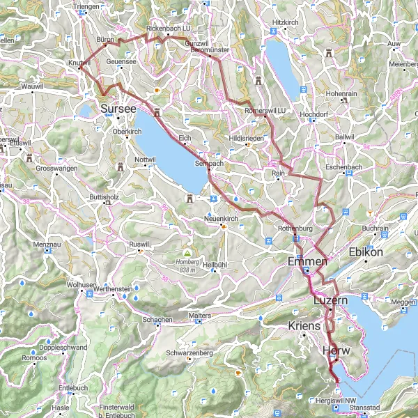 Map miniature of "Knutwil Gravel Adventure" cycling inspiration in Zentralschweiz, Switzerland. Generated by Tarmacs.app cycling route planner