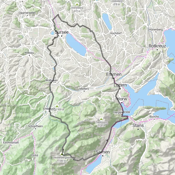 Zemljevid v pomanjšavi "Kolesarski izziv s panoramskim razgledom" kolesarske inspiracije v Zentralschweiz, Switzerland. Generirano z načrtovalcem kolesarskih poti Tarmacs.app
