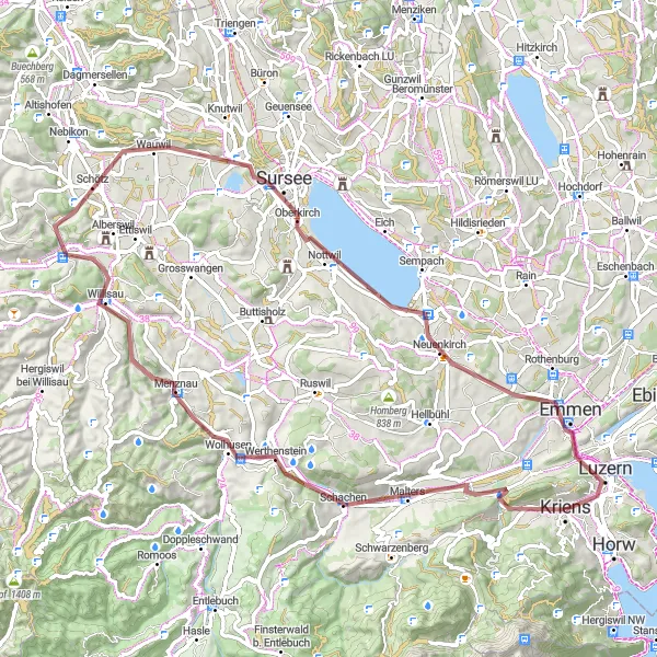 Mapa miniatúra "Gravelová jazda cez okolie Lucernu" cyklistická inšpirácia v Zentralschweiz, Switzerland. Vygenerované cyklistickým plánovačom trás Tarmacs.app