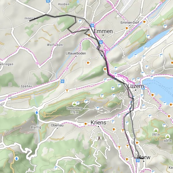 Map miniature of "The Lakeside Loop" cycling inspiration in Zentralschweiz, Switzerland. Generated by Tarmacs.app cycling route planner