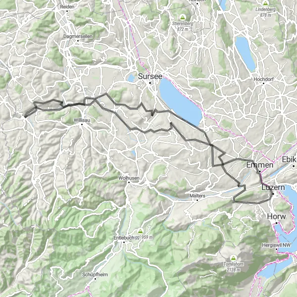 Map miniature of "The Sempach Circuit" cycling inspiration in Zentralschweiz, Switzerland. Generated by Tarmacs.app cycling route planner