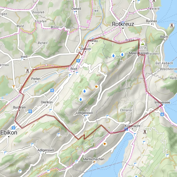 Map miniature of "Küssnacht-Root Gravel Cycling Route" cycling inspiration in Zentralschweiz, Switzerland. Generated by Tarmacs.app cycling route planner