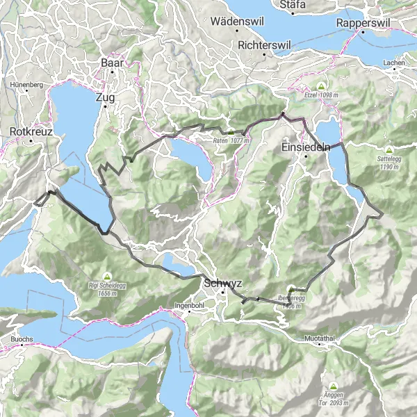 Miniaturní mapa "Road Cycling Tour around Zugersee" inspirace pro cyklisty v oblasti Zentralschweiz, Switzerland. Vytvořeno pomocí plánovače tras Tarmacs.app