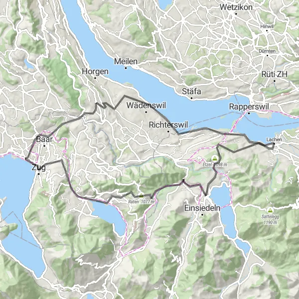 Miniatura della mappa di ispirazione al ciclismo "Tour del Lago di Zurigo e Zug" nella regione di Zentralschweiz, Switzerland. Generata da Tarmacs.app, pianificatore di rotte ciclistiche