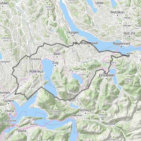 Miniatura della mappa di ispirazione al ciclismo "Itinerario Stradale da Lachen a Rapperswil via Etzel, Einsiedeln e Wädenswil" nella regione di Zentralschweiz, Switzerland. Generata da Tarmacs.app, pianificatore di rotte ciclistiche
