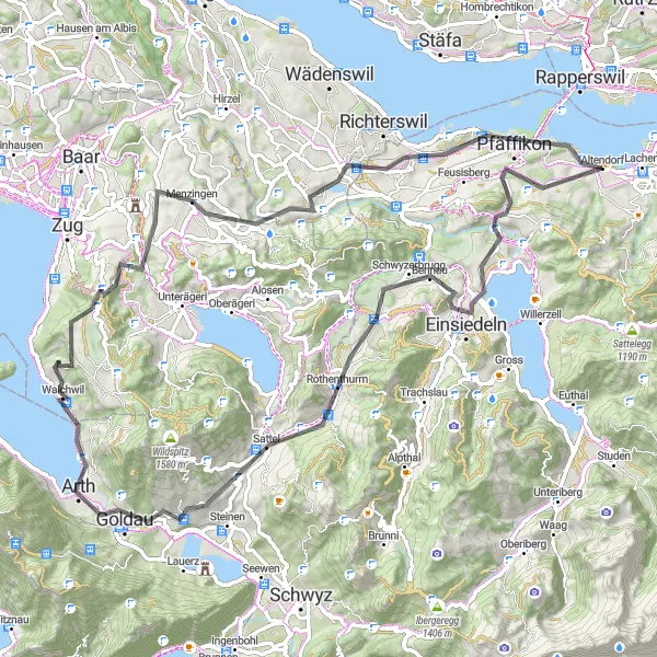 Kartminiatyr av "Sattel och Lindenberg Loop (Vägcykling)" cykelinspiration i Zentralschweiz, Switzerland. Genererad av Tarmacs.app cykelruttplanerare