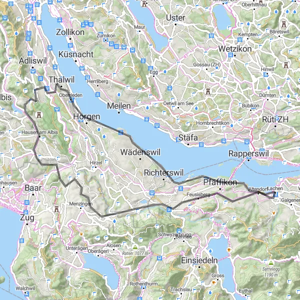 Zemljevid v pomanjšavi "Pot proti Horgen" kolesarske inspiracije v Zentralschweiz, Switzerland. Generirano z načrtovalcem kolesarskih poti Tarmacs.app
