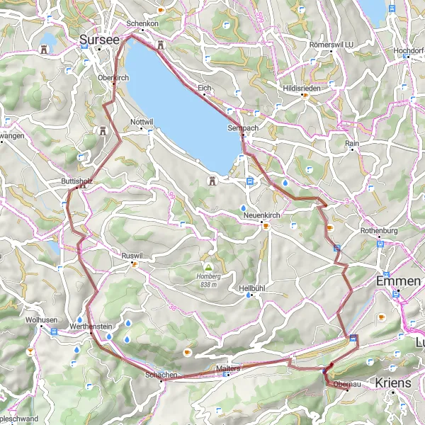 Miniatua del mapa de inspiración ciclista "Excursión a Lake Sempach desde Littau" en Zentralschweiz, Switzerland. Generado por Tarmacs.app planificador de rutas ciclistas