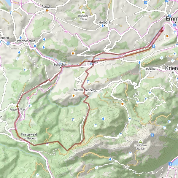 Miniature de la carte de l'inspiration cycliste "Aventure Gravel à Entlebuch" dans la Zentralschweiz, Switzerland. Générée par le planificateur d'itinéraire cycliste Tarmacs.app