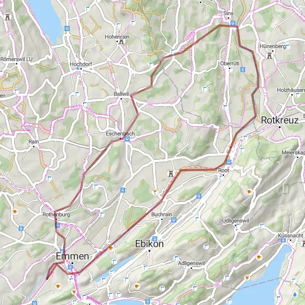 Map miniature of "Reussbühl Gravel Ride" cycling inspiration in Zentralschweiz, Switzerland. Generated by Tarmacs.app cycling route planner