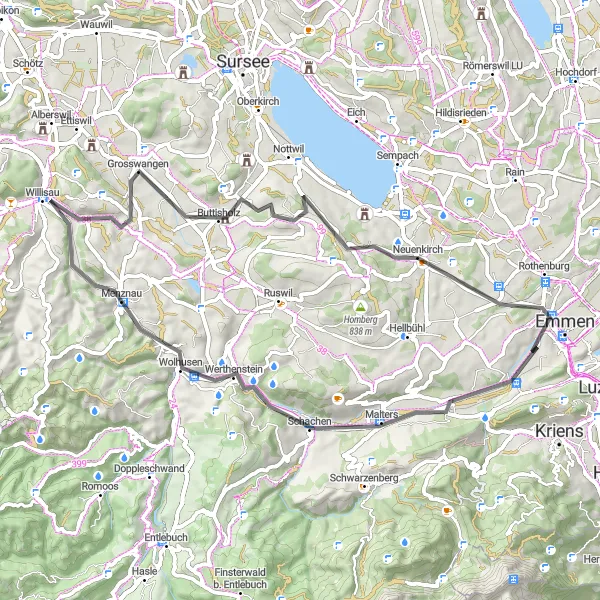 Karttaminiaatyyri "Maantiepyöräilyreitti Maltersista Emmeniin" pyöräilyinspiraatiosta alueella Zentralschweiz, Switzerland. Luotu Tarmacs.app pyöräilyreittisuunnittelijalla