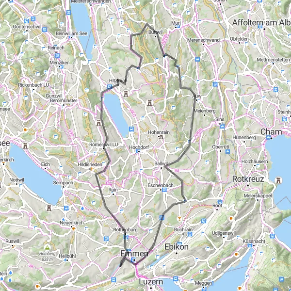 Miniatua del mapa de inspiración ciclista "Ruta de ciclismo de carretera de 67 km cerca de Littau" en Zentralschweiz, Switzerland. Generado por Tarmacs.app planificador de rutas ciclistas