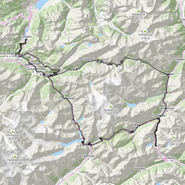 Miniatua del mapa de inspiración ciclista "Desafío Alpino: Ciclismo desde Lungern a Hospental" en Zentralschweiz, Switzerland. Generado por Tarmacs.app planificador de rutas ciclistas