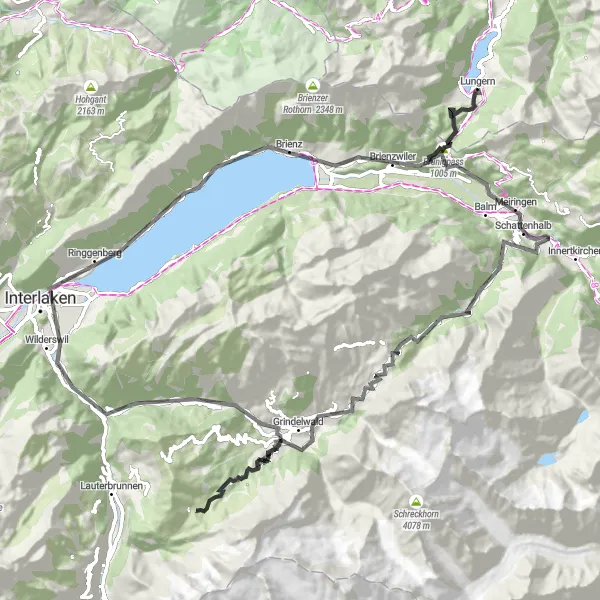 Kartminiatyr av "Meiringen-Kaverne-Gletscherschlucht Rosenlaui-Grosse Scheidegg-Grindelwald-Kleine Scheidegg-Lütschental-Interlaken" sykkelinspirasjon i Zentralschweiz, Switzerland. Generert av Tarmacs.app sykkelrutoplanlegger