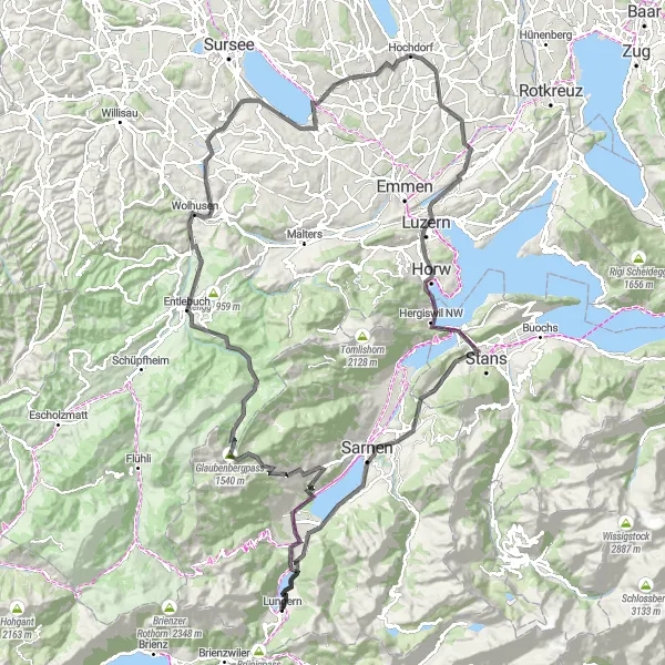Miniatua del mapa de inspiración ciclista "Ruta de Carretera por Langis y Lago Sempach" en Zentralschweiz, Switzerland. Generado por Tarmacs.app planificador de rutas ciclistas