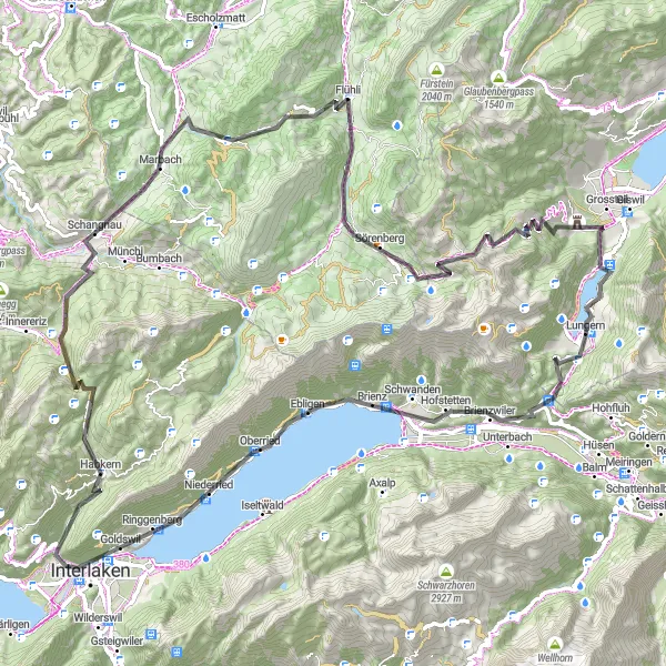 Kartminiatyr av "Brünigpass-Flühli-Sörenberg-Glaubenbielen-Hilferepass" sykkelinspirasjon i Zentralschweiz, Switzerland. Generert av Tarmacs.app sykkelrutoplanlegger