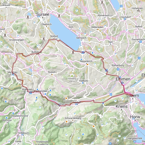 Map miniature of "Gravel Tour to Lake Sempach and Lucerne" cycling inspiration in Zentralschweiz, Switzerland. Generated by Tarmacs.app cycling route planner