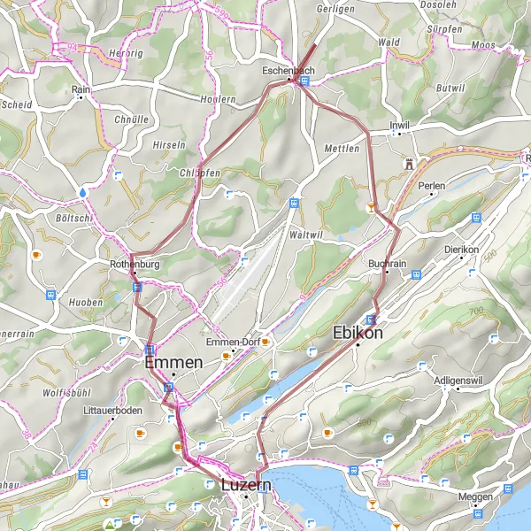 Karten-Miniaturansicht der Radinspiration "Gravel-Tour entlang der Reuss und Rothenburg" in Zentralschweiz, Switzerland. Erstellt vom Tarmacs.app-Routenplaner für Radtouren